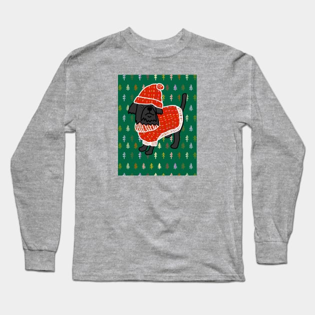 Cute Dog in Winter Christmas Tree Sweater and Red Hat Long Sleeve T-Shirt by ellenhenryart